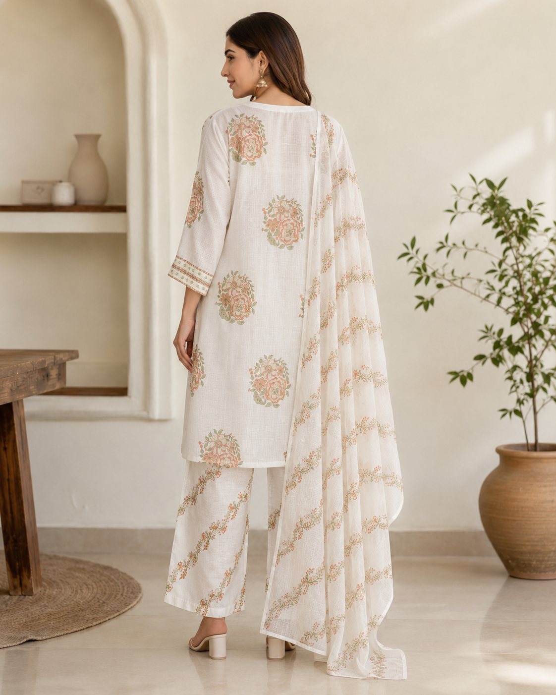 Ivory Floral Printed Suit Set with Dupatta